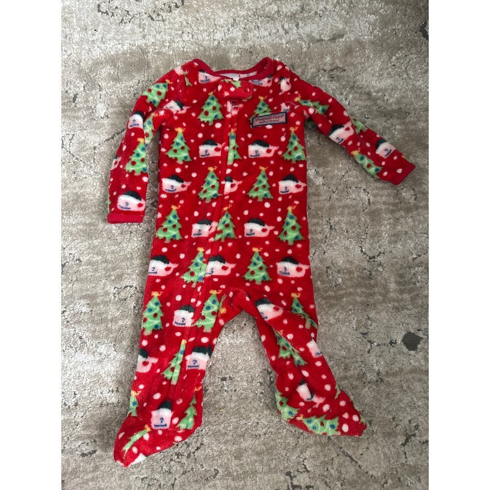 Vineyard Vines Red Footie Velvet One Piece Christmas Whale And Tree 0-3 Months